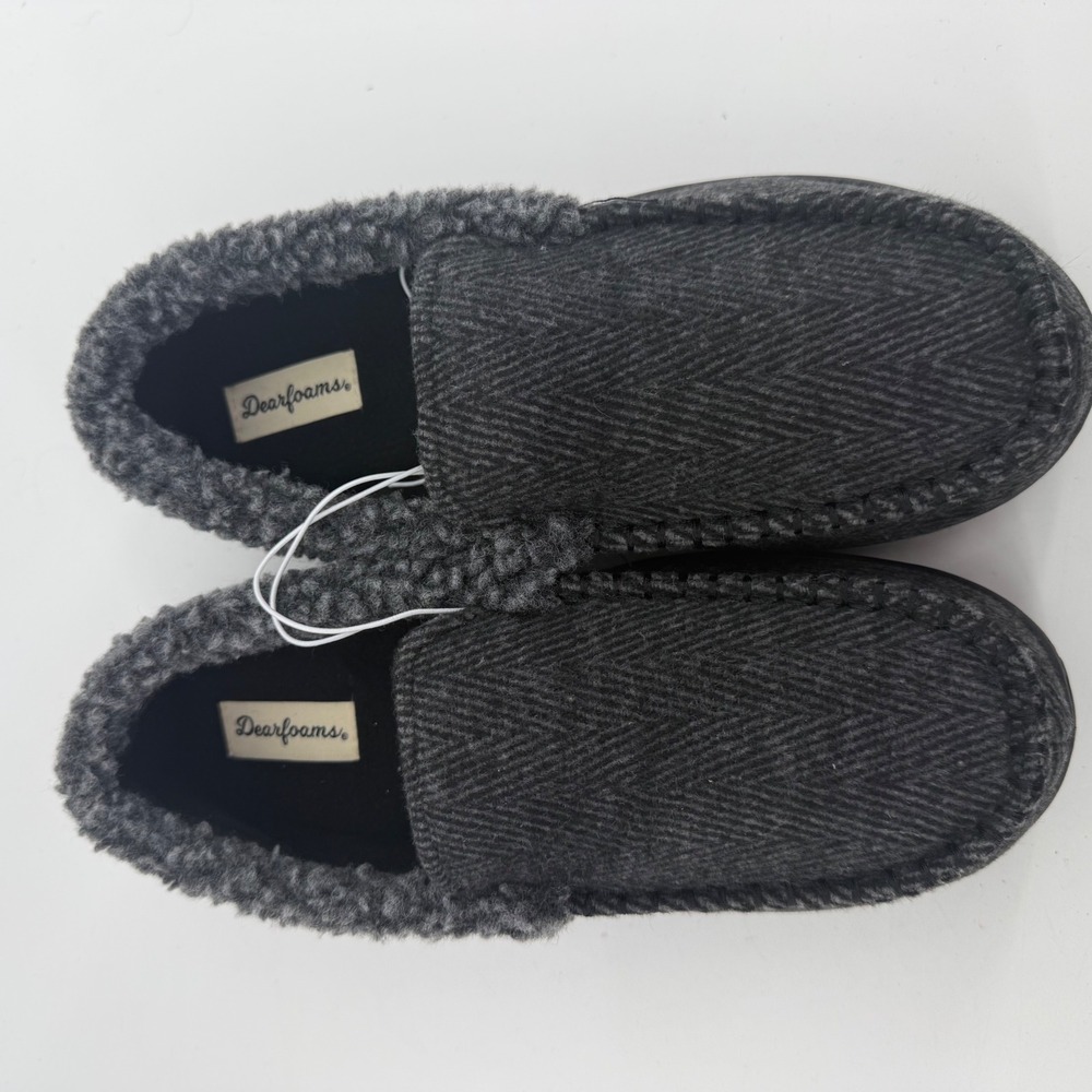 Dearfoams Mens Memory Foam Slippers Herringbone Sherpa‎ Lined Grey Small 7-8